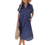 CUPSHE Dress for Women Bell Short Sleeve Button Down Dress V Neck Casual Shirt Dresses, Indigo Blue, Medium