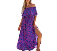 CUPSHE Dress for Women Summer A Shape Dresses Off Shoulder Sleeve Maxi Length Ruffle Fitted Waisted Tropical Printed Blue Purple XL