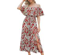 CUPSHE Dress for Women Summer A Shape Dresses Off Shoulder Sleeve Maxi Length Ruffle Fitted Waisted Tropical Printed Red Leaf M