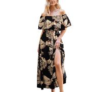 CUPSHE Dress for Women Summer A Shape Dresses Off Shoulder Sleeve Maxi Length Ruffle Fitted Waisted Tropical Printed Black Tropical XS
