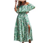 CUPSHE Dress for Women Summer A Shape Dresses Off Shoulder Sleeve Maxi Length Ruffle Fitted Waisted Tropical Printed Green Floral S