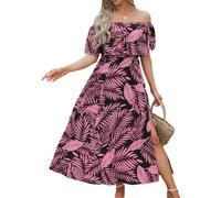 CUPSHE Dress for Women Summer A Shape Dresses Off Shoulder Sleeve Maxi Length Ruffle Fitted Waisted Tropical Printed Black Leaf XL