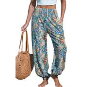 CUPSHE Gypsy Dreams Paisley Cover-Up Pants, Floral Boho with Smocked Waist Handy Pockets Bathing Suit Bottom Summer Tapered Leg, M Blue