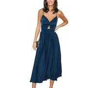 CUPSHE Maxi Dress for Women Satin V Neck Cutout Sleeveless Pleated Front Twist Long Elegant Party A Line Dresses Navy Blue L