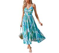CUPSHE Maxi Dresses for Women V Neck Beach Tropical Sleeveless Casual Cutout Twisted Side Split Sun Dress Summer Formal Dress Pool Blue
