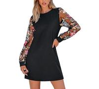 CUPSHE Mini Dresses for Women Round Neck Sheer Long Sleeve Floral Knit A Line Fall Casual Dress Black L