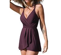 CUPSHE One Piece Swimsuit for Women Tummy Control Swim Dress Crisscross Ruched Skirted Bathing Suits with Bottom BlackBerry Wine M