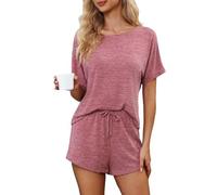 CUPSHE Pyjamas for Women Set Crew Neck Soft Cotton Pyjamas Set Short Sleeve Top And Shorts Casual Sleepwear Loungewear Maroon Red XXL