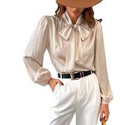 CUPSHE Satin Shirt Top for Women Bow Tie Long Sleeve Shiny High Neck Work Casual Blouses Champagne L