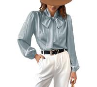 CUPSHE Satin Shirt Top for Women Bow Tie Long Sleeve Shiny High Neck Work Casual Blouses Mint Green S