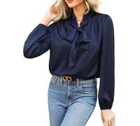 CUPSHE Satin Shirt Top for Women Bow Tie Long Sleeve Shiny High Neck Work Casual Blouses Navy Blue XL