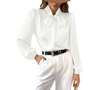 CUPSHE Satin Shirt Top for Women Bow Tie Long Sleeve Shiny High Neck Work Casual Blouses White XL