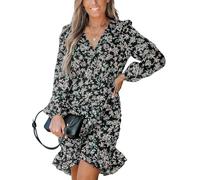 CUPSHE Shirred Ruffle Floral Fall Dress for Women Ditsy Surplice V Neck Long Puff Sleeve Flounce Hem Autumn Mini Dresses Black M