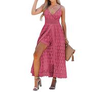 CUPSHE Summer Women Slip Ruching Smocking Jumpsuit Dress V Neck Speghetti Straps Backless Maxi High Low Dusty Pink L