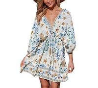 CUPSHE Women Backless Mini Summer Dress Cover Up Plunging V Neck Half Blouson Sleeve Elastic Waist Back Tie Sundress Beach Dress Beige L