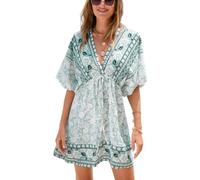 CUPSHE Women Backless Mini Summer Dress Cover Up Plunging V Neck Half Blouson Sleeve Elastic Waist Back Tie Sundress Beach Dress Green White Floral M