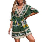 CUPSHE Women Backless Mini Summer Dress Cover Up Plunging V Neck Half Blouson Sleeve Elastic Waist Back Tie Sundress Beach Dress Green Floral L