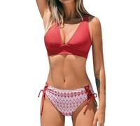 CUPSHE Women Bikini Set for V Neck Triangle Top Wide Straps Cross Back Lace up Mid Rise Two Piece Swimsuit Bathing Suit Magenta Red/Tribal XL
