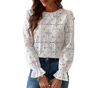 CUPSHE Women Blouse Casual Top Cutout Flower Round Neck Long Sleeves Elastic Cuffs Elegance Shirt