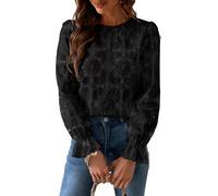 CUPSHE Women Blouse Cutout Flower Top Round Neck Long Sleeve Elastic Cuffs Elegance Shirt Black XXL