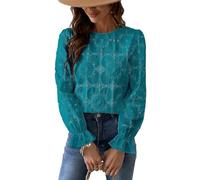CUPSHE Women Blouse Cutout Flower Top Round Neck Long Sleeve Elastic Cuffs Elegance Shirt, Dark Teal Blue, S