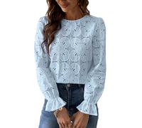 CUPSHE Women Blouse Cutout Flower Top Round Neck Long Sleeve Elastic Cuffs Elegance Shirt Light Blue XS
