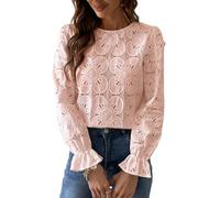 CUPSHE Women Blouse Cutout Flower Top Round Neck Long Sleeve Elastic Cuffs Elegance Shirt Light Pink XXL
