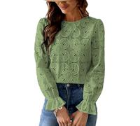 CUPSHE Women Blouse Cutout Flower Top Round Neck Long Sleeve Elastic Cuffs Elegance Shirt, Olive Green, S