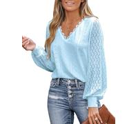 CUPSHE Women Blouse Cutout Scalloped Lace Top Long Lace Sleeves V Neck Banded Cuffs Chic Elegance Shirt Light Blue L