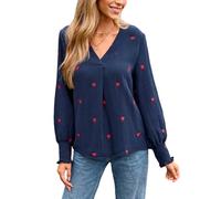CUPSHE Women Blouses Embroidered Heart Gauze Top V Neck Long Sleeves Shirt, Black, M