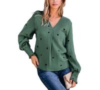CUPSHE Women Blouses Embroidered Heart Gauze Top V Neck Long Sleeves Shirt, Forest Green, XXL