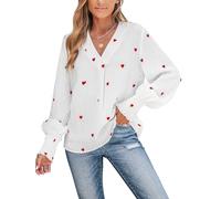 CUPSHE Women Blouses Embroidered Heart Gauze Top V Neck Long Sleeves Shirt White S
