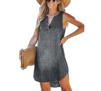 CUPSHE Women Denim Mini Dress Long Sleeves V-Neck Dressing Roll-tab Cuffs Casual Tunic Dress Dark Grey M
