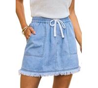 CUPSHE Women Denim Skirt High Waist Elastic Drawstring Frayed Hem Summer Mini Skirt Casual Short Jean Skirt with Pockets Light Blue S