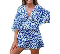 CUPSHE Women Jumpsuit V Neck Lace Up Romper Leopard Print Dolman Sleeves Short Wide Leg Casual Overall Playsuit Blue Abstract L