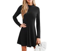 CUPSHE Women Knit Ribbed Mini Fall Dress Stand Collar Long Sleeve A Line Casual Dresses Black