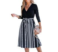 CUPSHE Women Long Midi Dress Wrap V Neck Long Sleeve Geo Print Belted Waist A-Line Casual Party Cocktail Long Woven Dress Black S