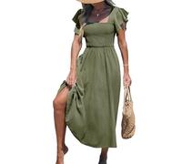 CUPSHE Women Maxi Dress Square Neck Pinstriped Smocked Summer Dress Ruffled Cap Sleeves Formal A-Line Casual Dresses Olive Green L