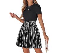 CUPSHE Women Mini Dress Geo Print Belted Combo Dress Short Sleeves Crew Neck Casual Summer Dresses A-Line Cocktail Black S