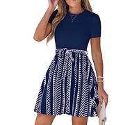 CUPSHE Women Mini Dress Geo Print Belted Combo Dress Short Sleeves Crew Neck Casual Summer Dresses A-Line Cocktail Navy XL