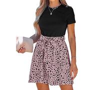 CUPSHE Women Mini Dress Geo Print Belted Combo Dress Short Sleeves Crew Neck Casual Summer Dresses A-Line Cocktail Pink Leopard XL