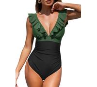 CUPSHE Women One Piece Swimsuit Ruffled Lace Up Beach Swimwear Tummy Control Swimming Costume Bathing Suit Forest Green/Black L