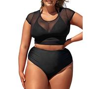 CUPSHE Women Plus Size Bikini Set Three Piece Swimsuit High Waisted Swimming Costume Sheer Mesh Top Halter Ruched Bottom Black L-0X