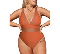 CUPSHE Women Plus Size Swimsuit One Piece V Neck Mesh Sheer Tummy Control Bathing Suit with Adjustable Wide Straps Swimwear Burnt Orange L