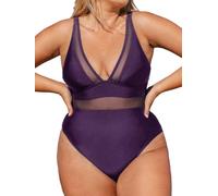 CUPSHE Women Plus Size Swimsuit One Piece V Neck Mesh Sheer Tummy Control Bathing Suit with Adjustable Wide Straps Swimwear BlackBerry Wine L-0X