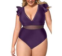 CUPSHE Women Plus Size Swimsuit One Piece V Neck Ruffle Mesh Bathing Suit Swimming Costume Tummy Control BlackBerry Wine XL