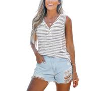 CUPSHE Women’s Tank Tops Knit V Neck Striped Sleeveless Vest Button Down Beach Shirts Hollow Out Blouse Summer Work Casual Holiday