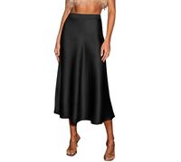 CUPSHE Women Satin Midi Skirt Elegant A-Line High Waist Lightweight Mermaid Skirt for Work Evening Casual Wear Black S