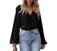 CUPSHE Women Shirt Peasant Sleeve Velvet Tops Casual Loose Fit V Neck Solid Ruched Blouse Black L