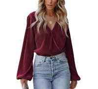 CUPSHE Women Shirt Peasant Sleeve Velvet Tops Casual Loose Fit V Neck Solid Ruched Blouse Burgundy L